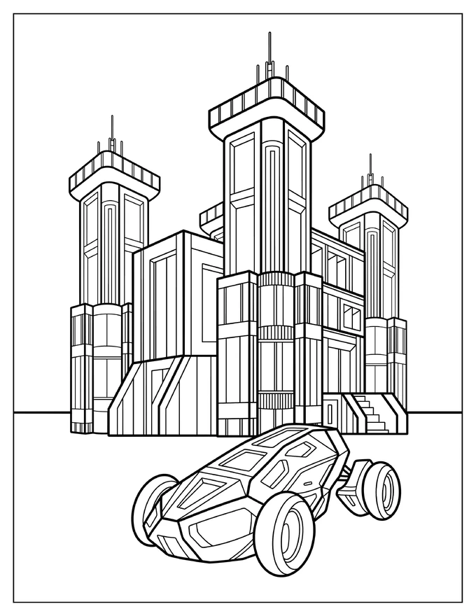 Modern Castle With Sports Car Coloring Page