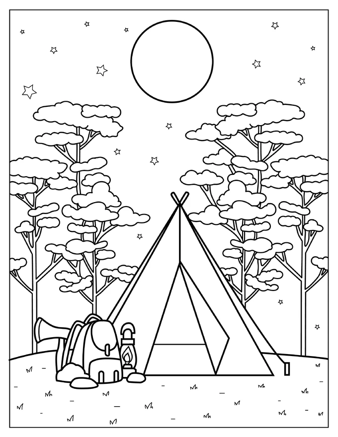 Nighttime Camping Coloring Page For Kids