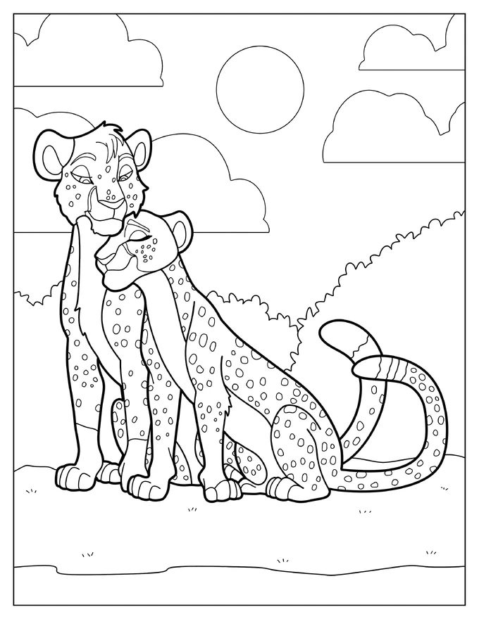 Two Cheetahs Cuddling Coloring Sheet