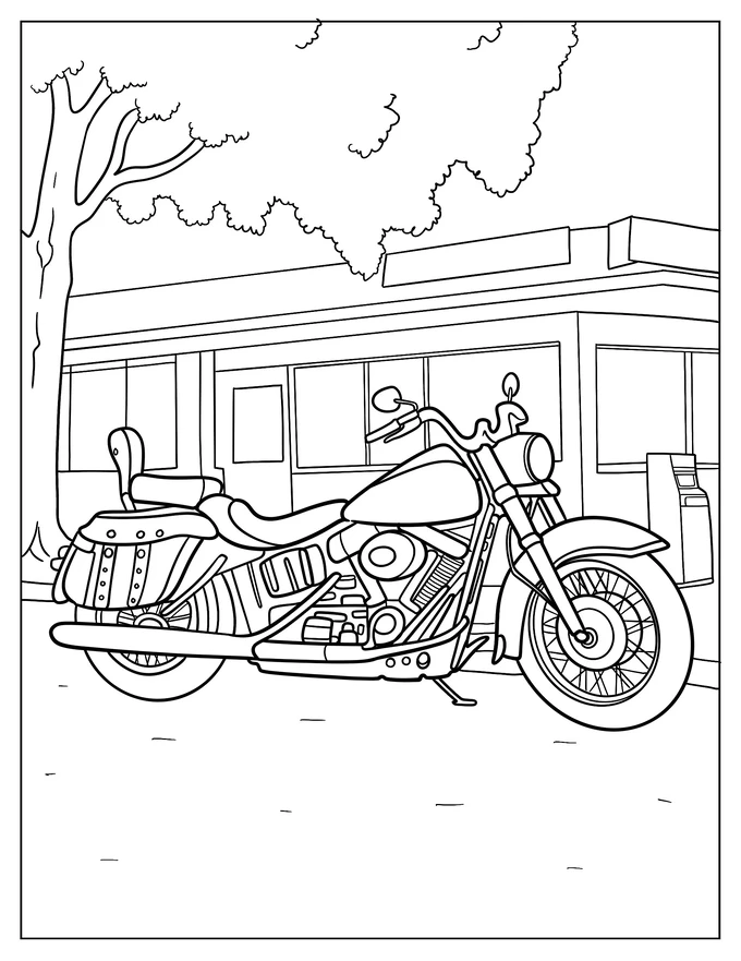 Simple Harley Davidson Motorcycle Outside A Store Coloring Sheet For Kids