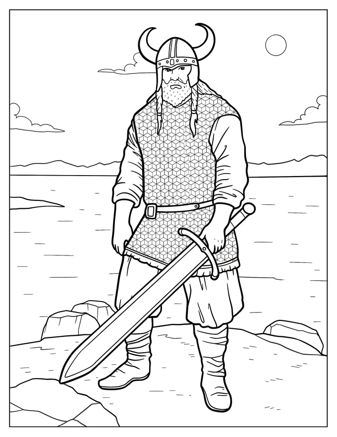 Viking With A Large Sword Standing On A Cliff