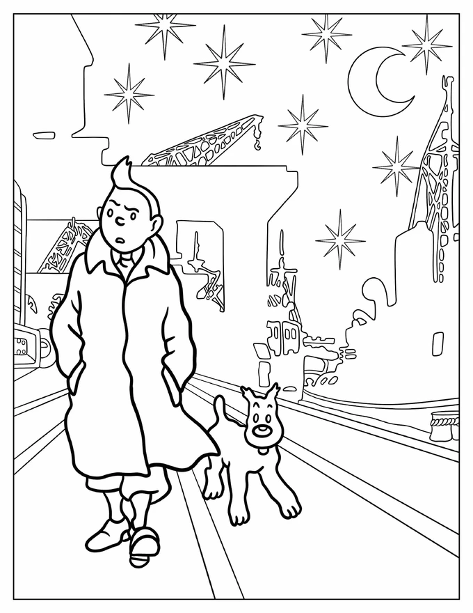 Tintin And Snowy Roaming The City At Night Coloring Sheet For Kids