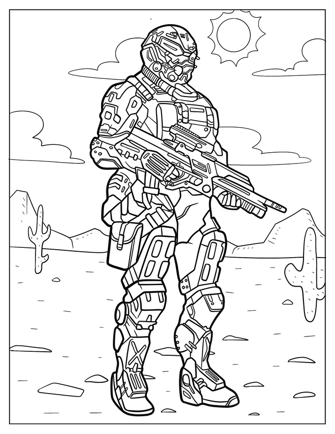 Detailed Futuristic Soldier Holding Weapon Coloring Page