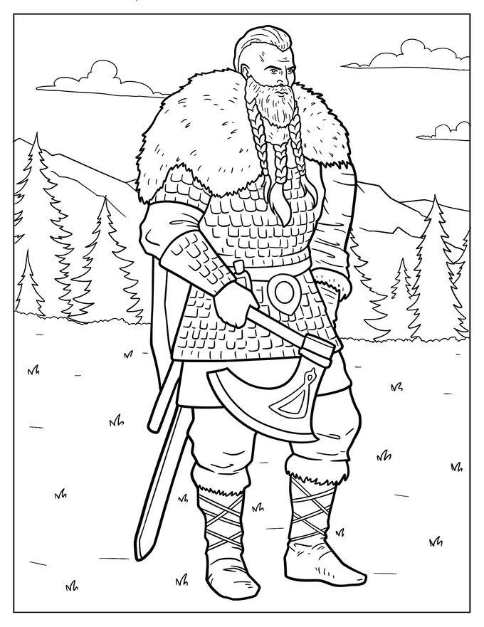 Viking In Armor Holding An Axe Coloring Sheet