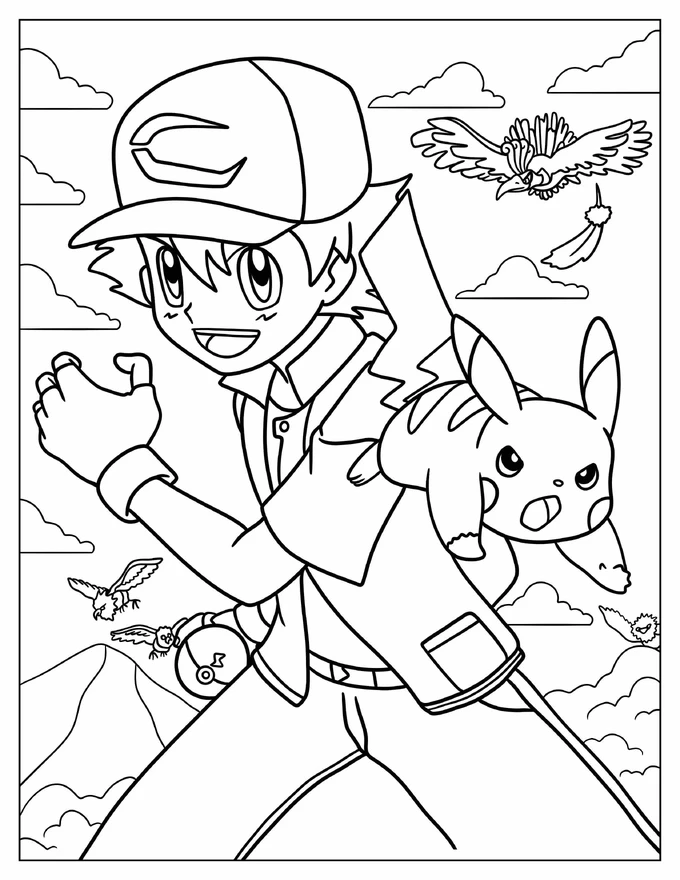 Nintendo Pokemon Ash With Pikachu Coloring Sheet