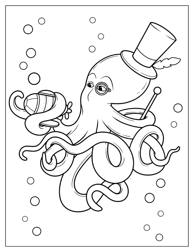 Octopus With Monocle And Top Hat Coloring Page