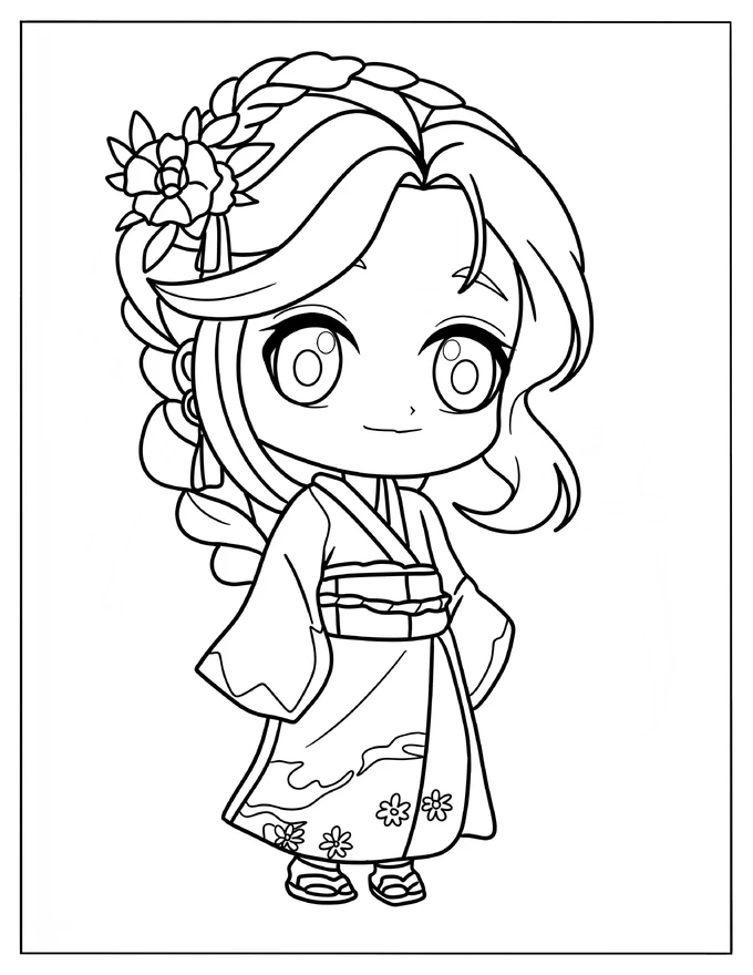 Beautiful Chibi Girl In A Kimono Coloring Page