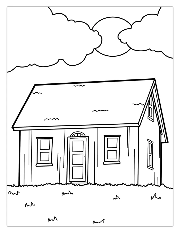 Little House In Field Coloring Sheet