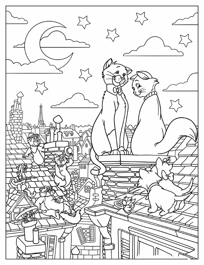 Aristocats Poster With Thomas And Duchess On Roof Coloring Sheet