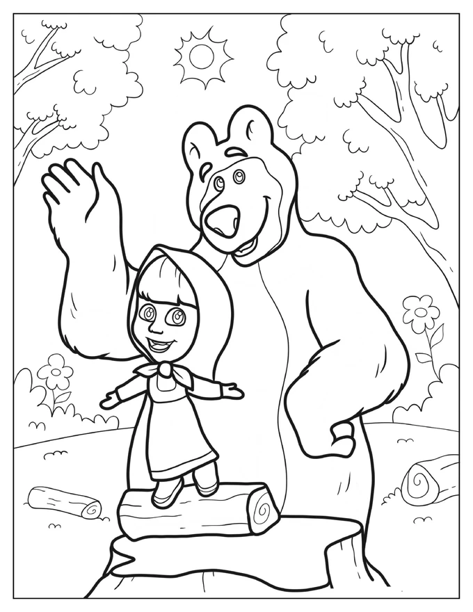 Simple Masha And The Bear Outdoors Coloring Sheet