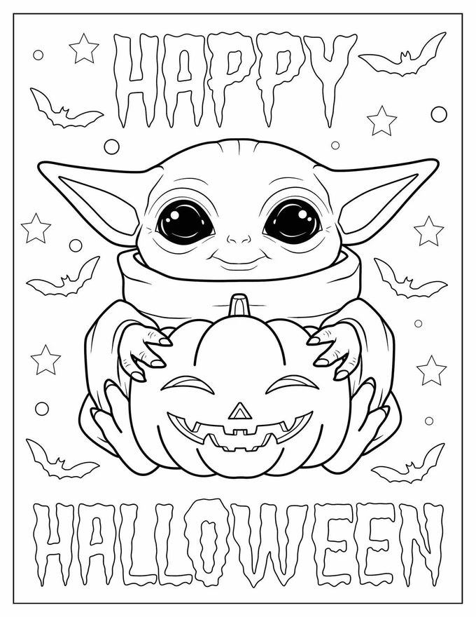 Halloween Themed Baby Yoda Holding Jack-O-Lantern Coloring In