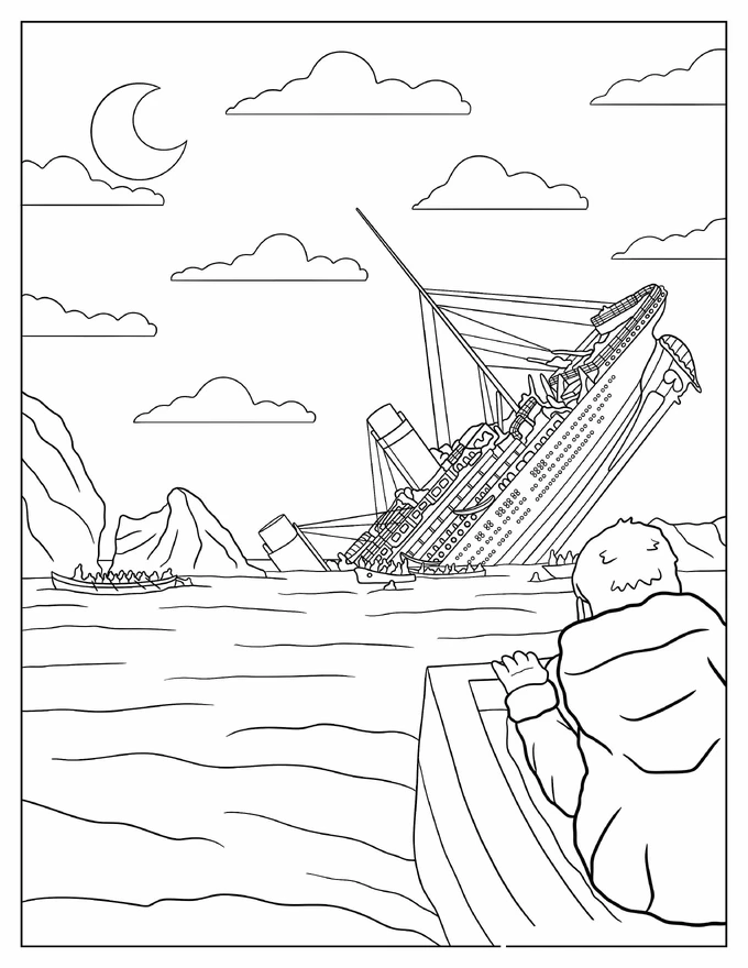 Coloring Page of Titanic Sinking While Survivors Watch