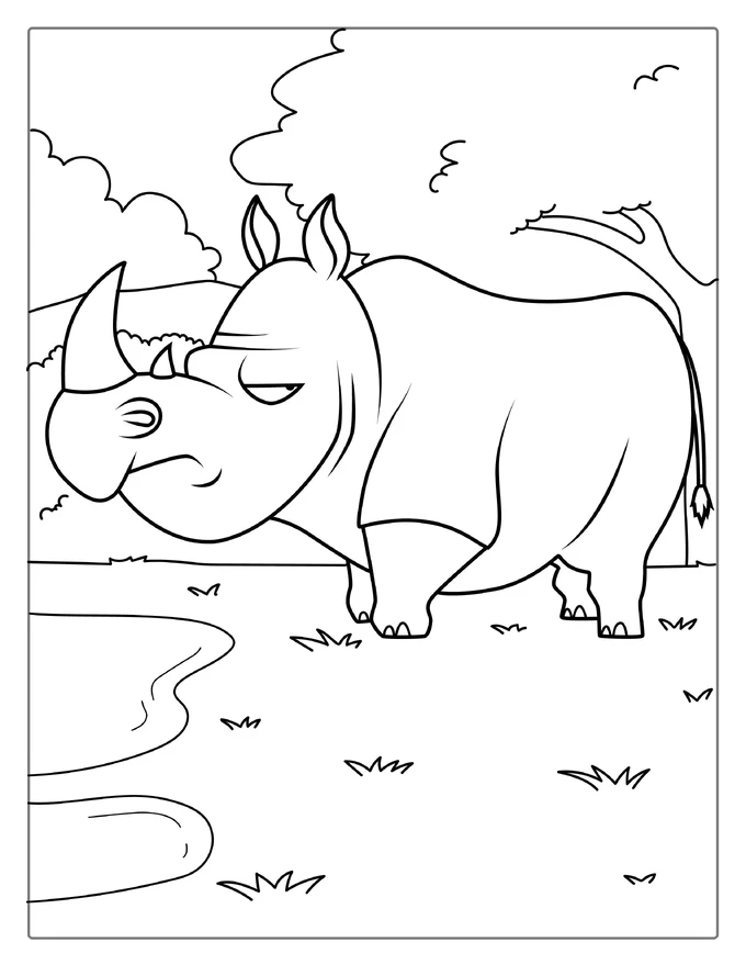 Angry Looking Rhino Next To Watering Hole