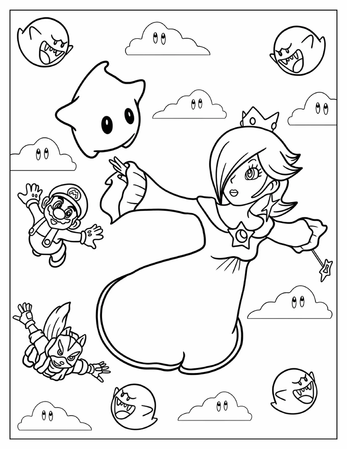 Rosalina Flying In The Sky With Luma, Mario, And Star Fox Coloring Sheet