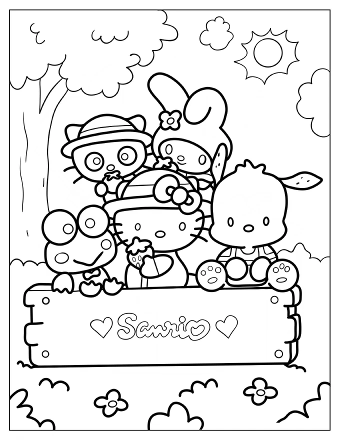 Chococat With Sanrio Friends Hello Kitty, My Melody, Pochacco, And Kerropi Coloring Page