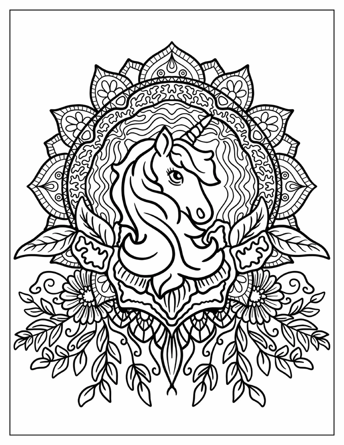 Majestic Unicorn Mandala With Hanging Leaves And Flowers