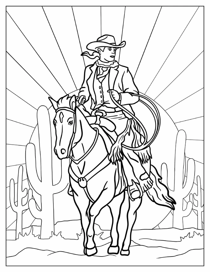 Realistic Cowboy Riding A Horse With The Sun Behind Them Coloring Sheet