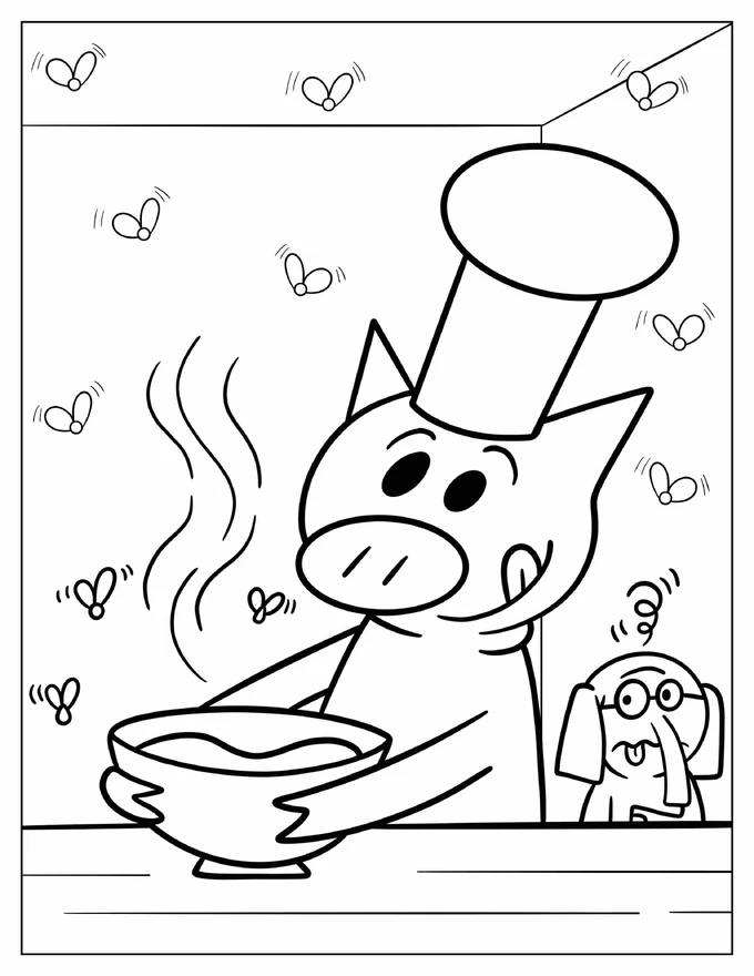 Chef Piggie Cooking With Gerald Elephant In Background Coloring Sheet