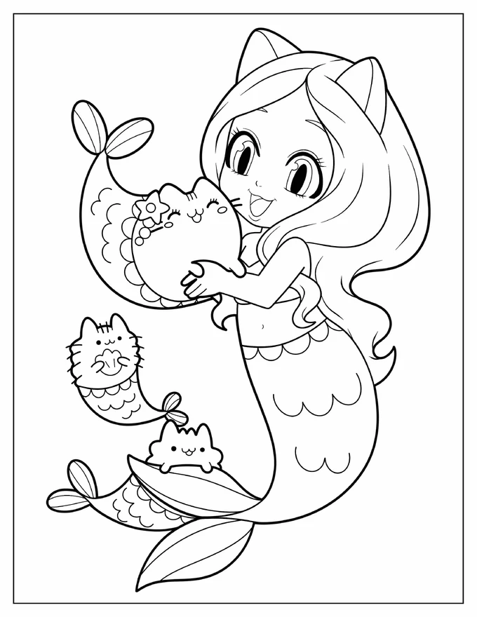 Mermaid Girl With Mermaid Cats Coloring In