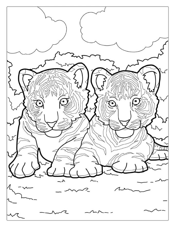 Two Tiger Cubs About To Pounce Coloring Page