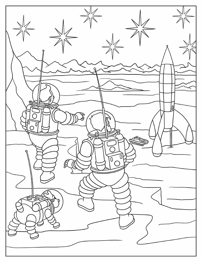 Tintin, Snowy, And Captain Haddock In Outer Space Coloring Page