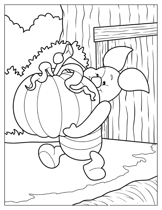 Piglet Carrying A Large Pumpkin Coloring Sheet For Kids