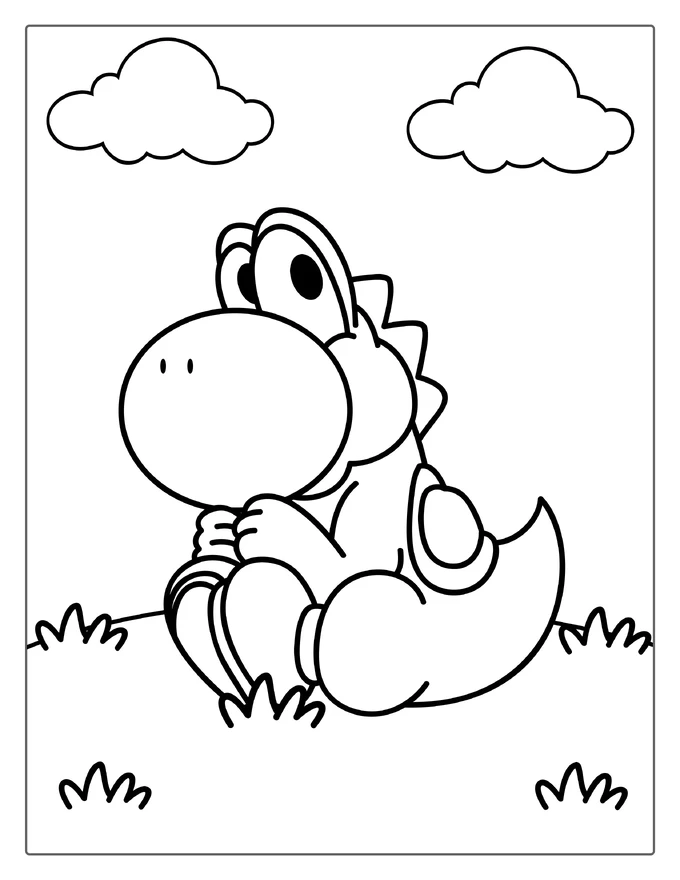 Kawaii Yoshi Sitting In Field Coloring For Kids