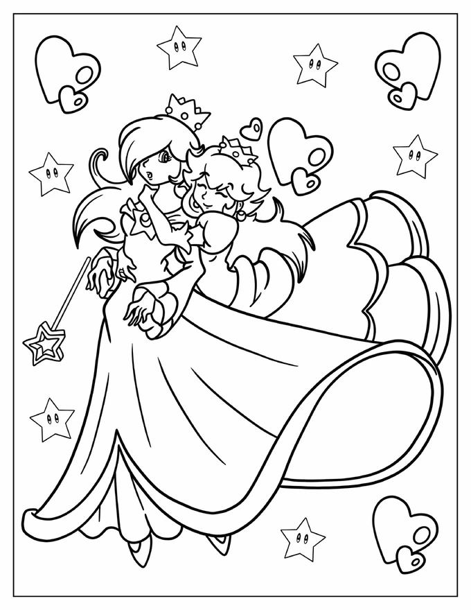 Princess Peach Hugging Princess Rosalina Coloring Sheet