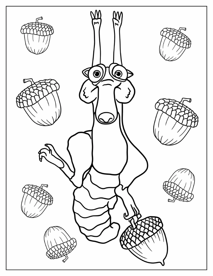 Kawaii Scrat With Acorns In Background Coloring Page