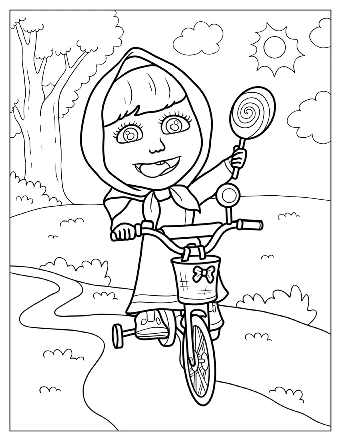 Masha Riding Bicycle While Holding Up Lollipop