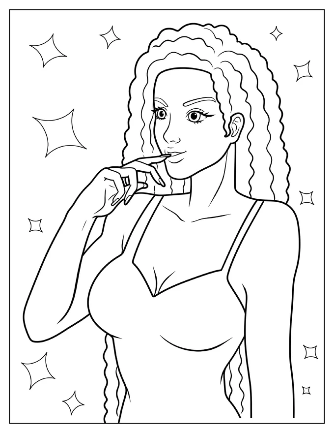 Black Girl Biting Nail Coloring Sheet