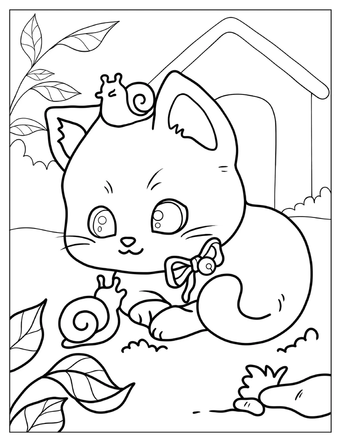 Coloring Sheet Of Kitten Playing With Snails