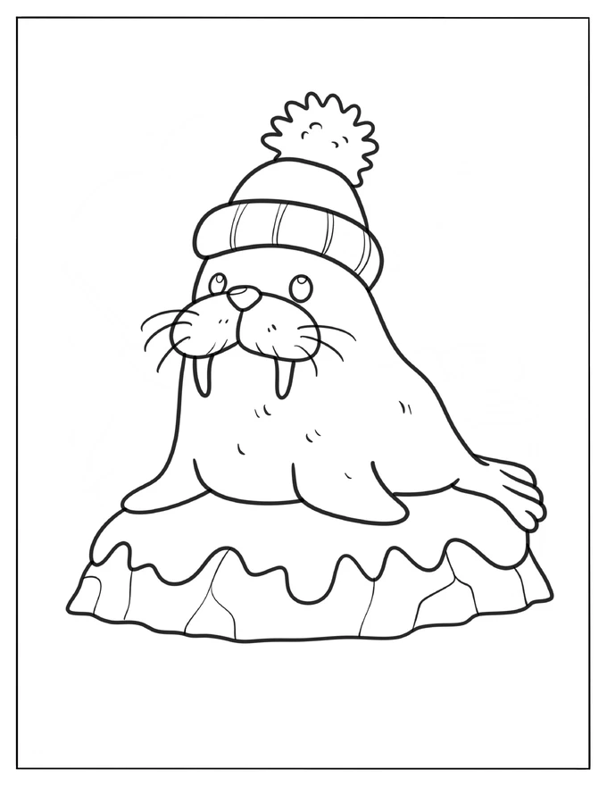 Kawaii Arctic Walrus On An Iceberg Coloring Sheet For Kids