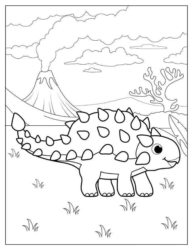 Cute Chibi Ankylosaurus With Volcano Coloring Page For Preschoolers