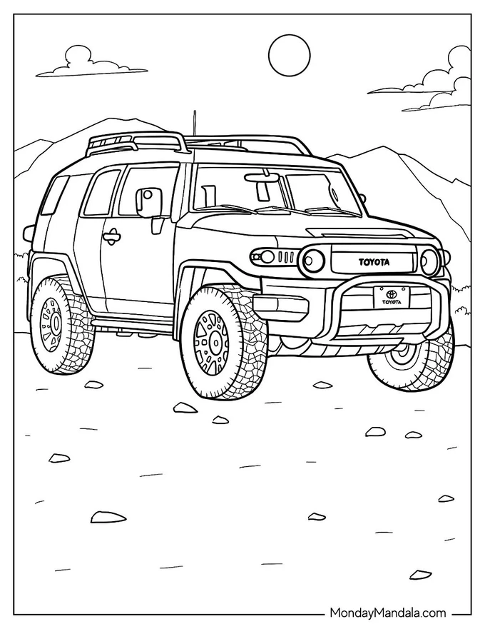 Realistic Toyota FJ Cruiser With Mountains In The Background Coloring Page