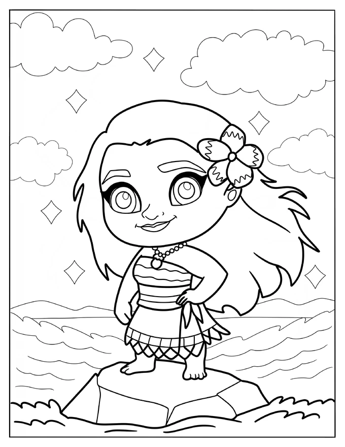 Cute Disney Moana In The Middle Of The Sea Coloring Page