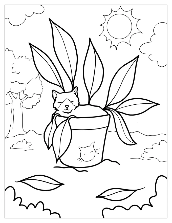 Cat Sleeping Inside Flower Pot Coloring Page