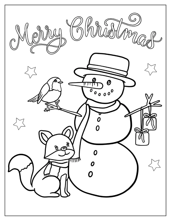 Snowman With Dig And Bird To Color