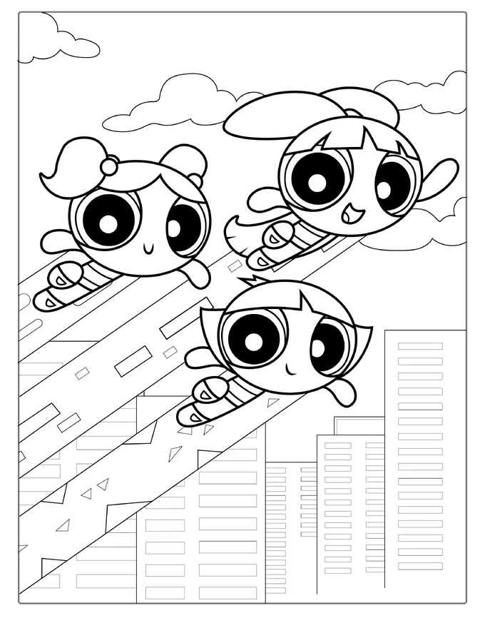 Powerpuff Girls Flying Over City To Color