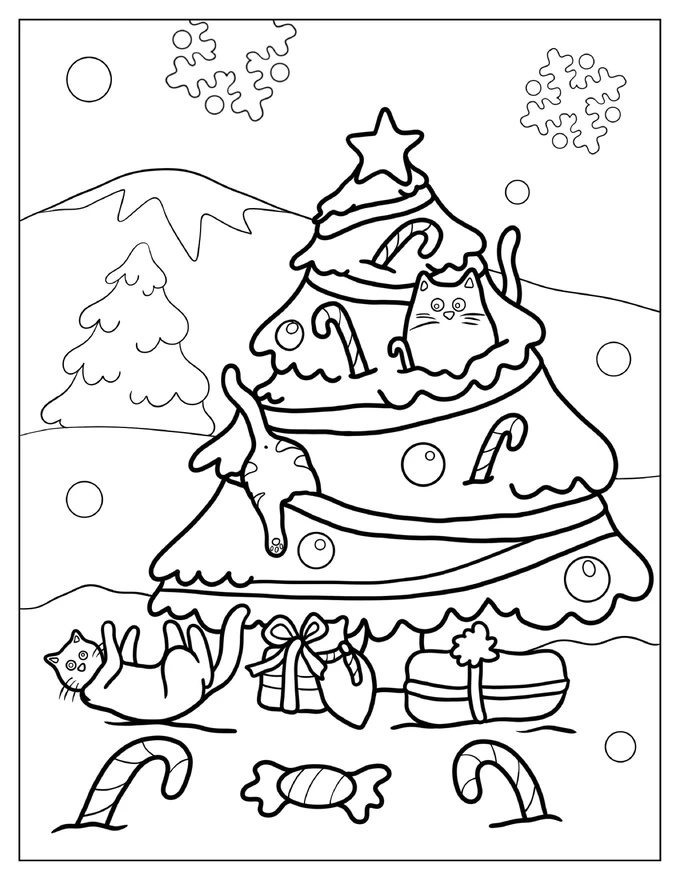 Cats Playing With Christmas Tree Coloring Sheet