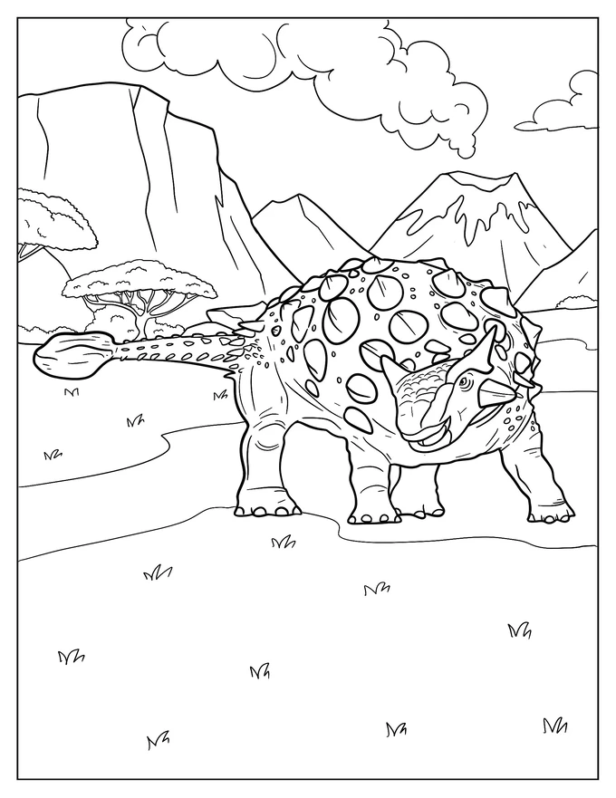 Ankylosaurus Walking In Front Of A Volcano Coloring Page