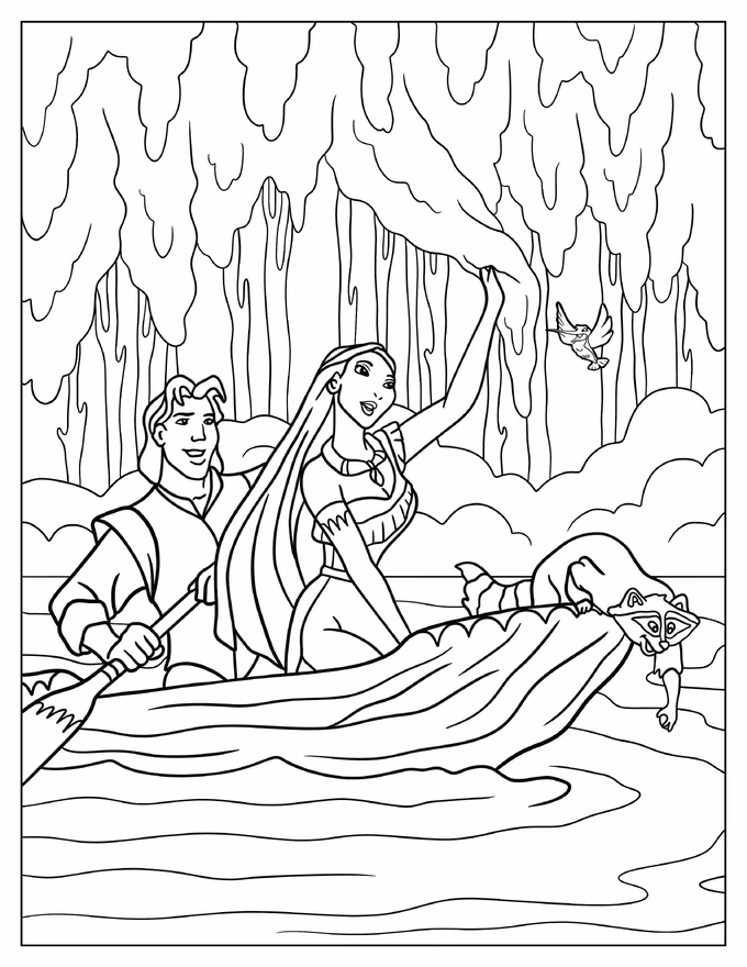 Pocahontas And John Smith On Canoe Coloring In