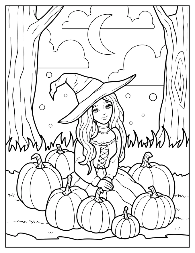 Pretty Witch Surrounded By Numerous Pumpkins