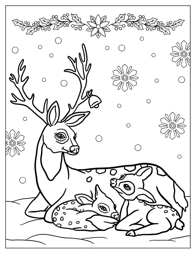 Mom Reindeer With Two Babies To Color