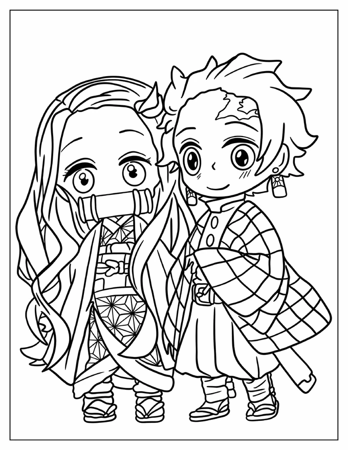 Chibi Tanjiro And Nezuko Coloring Sheet