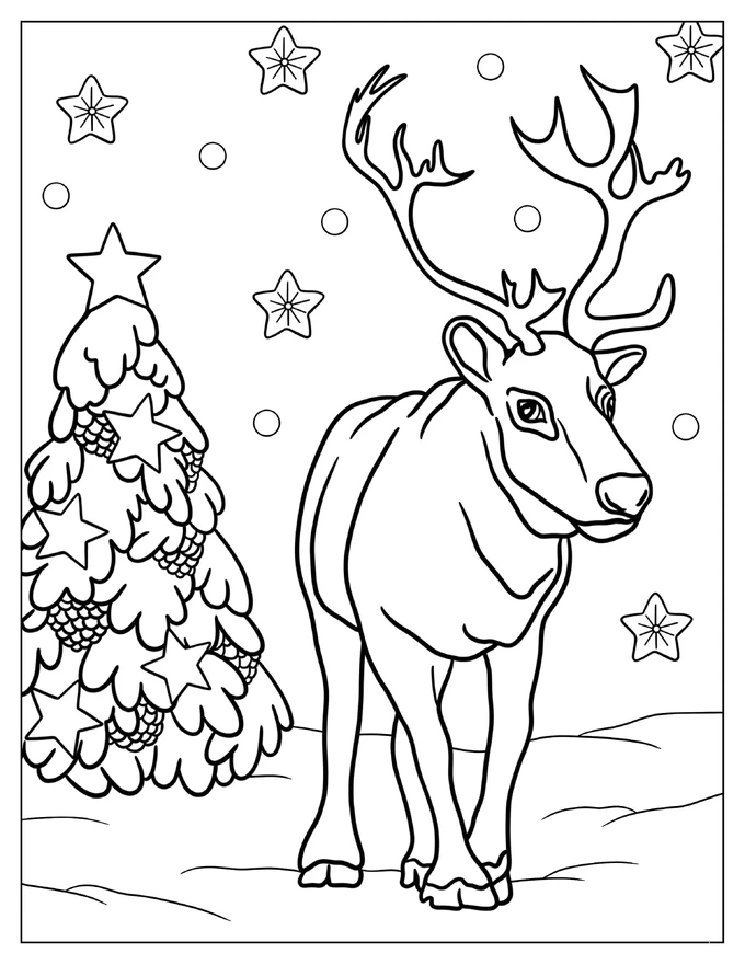 Coloring Page Of a Large Male Reindeer During Winter