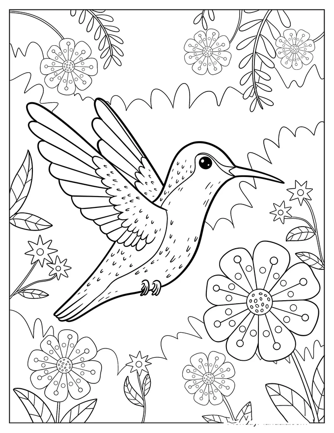 Cute Hummingbird Flying In A Flower Garden Coloring Page For Kids