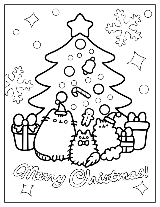 Cute Pusheen In Front Of Christmas Tree Coloring In