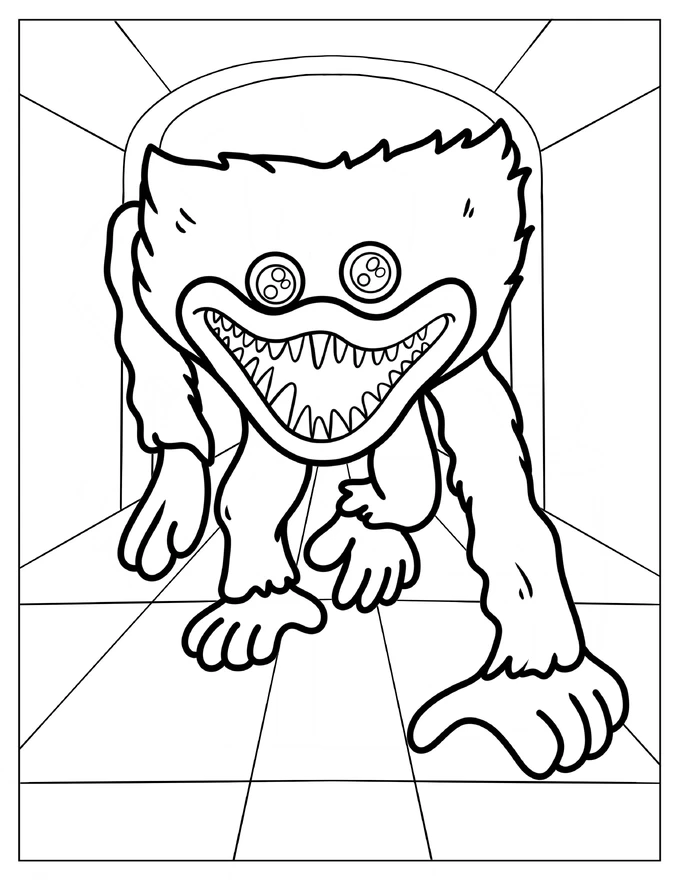 Terrifying Huggy Wuggy In The Corridor Coloring Sheet