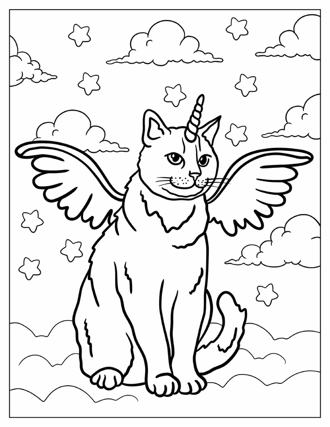 Large Realistic Unicorn Cat In The Clouds Coloring Page